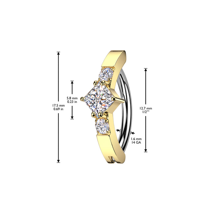 316L Surgical Steel Gold PVD White CZ Square Gem Hinged Clicker Belly Ring - Pierced Universe