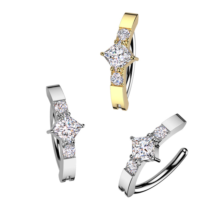 316L Surgical Steel Gold PVD White CZ Square Gem Hinged Clicker Belly Ring - Pierced Universe