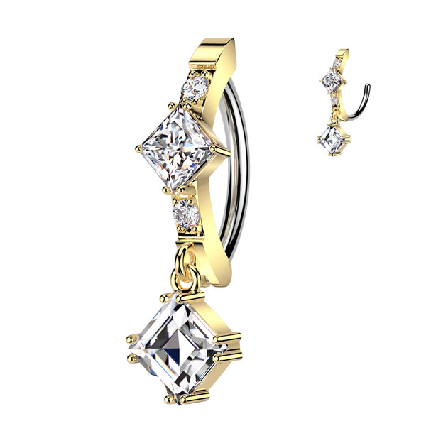 316L Surgical Steel Gold PVD White CZ Square Shaped Gem Dangle Hinged Clicker Belly Ring - Pierced Universe