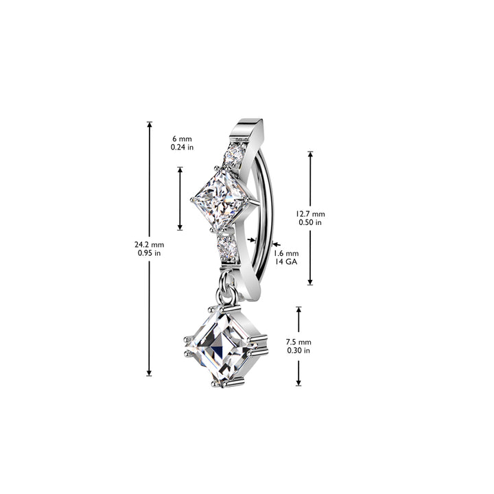 316L Surgical Steel Gold PVD White CZ Square Shaped Gem Dangle Hinged Clicker Belly Ring - Pierced Universe