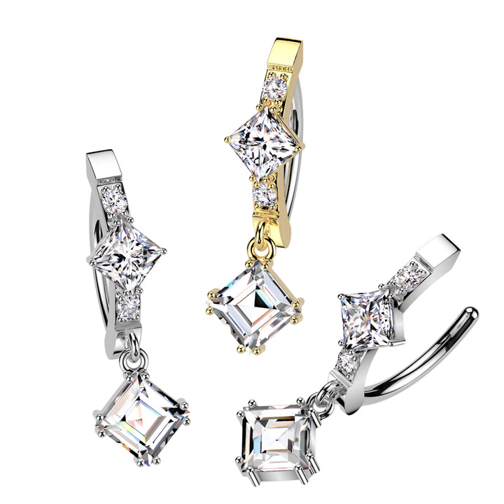 316L Surgical Steel Gold PVD White CZ Square Shaped Gem Dangle Hinged Clicker Belly Ring - Pierced Universe