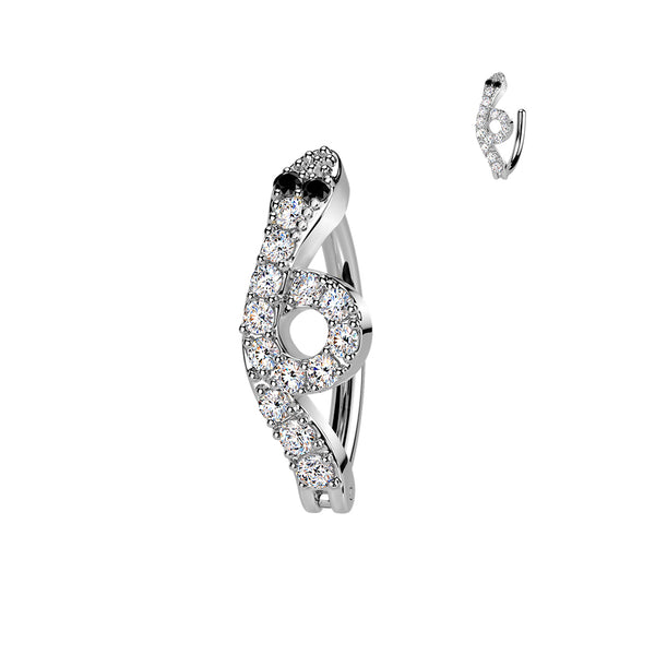 316L Surgical Steel White CZ Snake With Black Eye Hinged Clicker Belly Ring