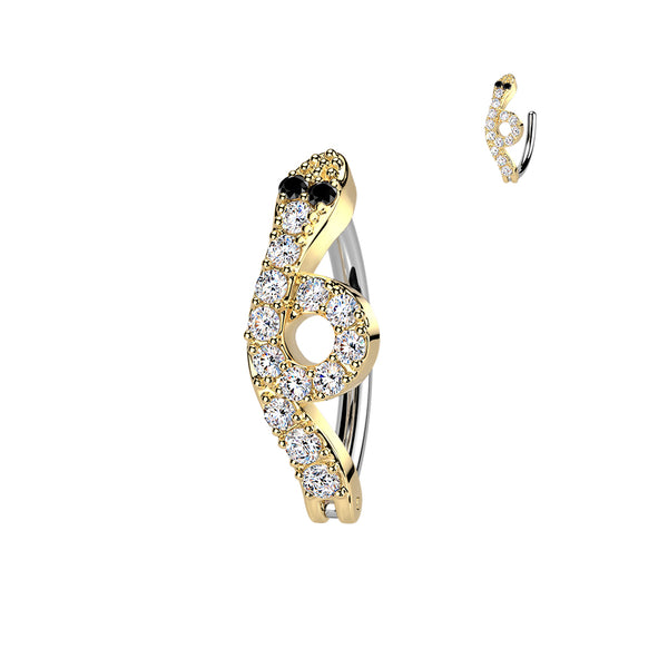 316L Surgical Steel Gold PVD White CZ Snake With Black Eye Hinged Clicker Belly Ring
