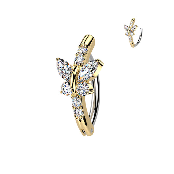 316L Surgical Steel Gold PVD White CZ Butterfly Hinged Clicker Belly Ring