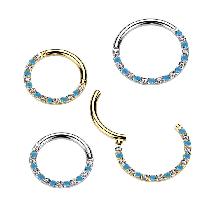 Implant Grade Titanium Gold PVD Aqua White CZ Pave Hinged Clicker Hoop - Pierced Universe