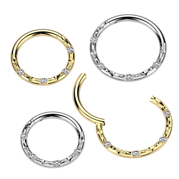 Implant Grade Titanium Gold PVD White CZ Studded Hinged Clicker Hoop - Pierced Universe