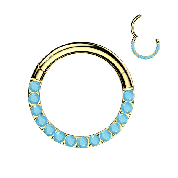 Implant Grade Titanium Gold PVD Aqua CZ Gems Pave Hinged Clicker Hoop - Pierced Universe