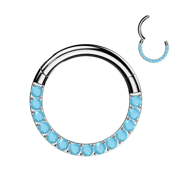 Implant Grade Titanium Aqua CZ Gems Pave Hinged Clicker Hoop - Pierced Universe