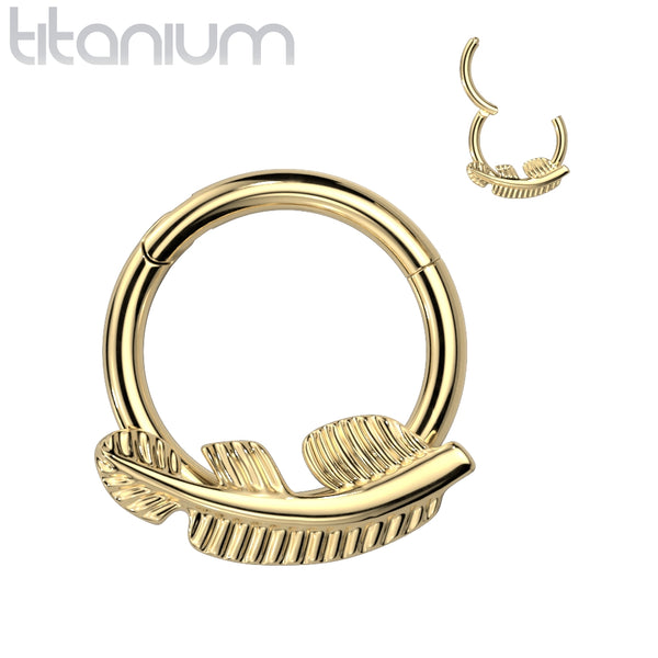 Implant Grade Titanium Gold PVD Feather Hinged Clicker Hoop - Pierced Universe