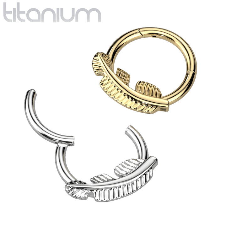 Implant Grade Titanium Gold PVD Feather Hinged Clicker Hoop - Pierced Universe