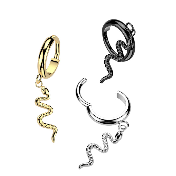 Implant Grade Titanium Black PVD Snake Dangle Hinged Clicker Hoop - Pierced Universe