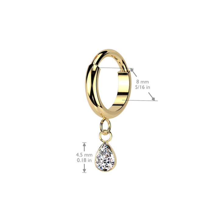 Implant Grade Titanium Gold PVD White CZ Teardrop Dangle Hinged Clicker Hoop - Pierced Universe