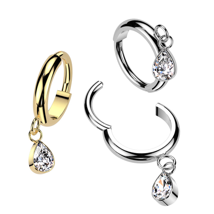Implant Grade Titanium Gold PVD White CZ Teardrop Dangle Hinged Clicker Hoop - Pierced Universe