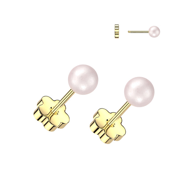 Pair of 316L Surgical Steel Gold PVD Pink Pearl Screw On Flat Back Earrings - Pierced Universe