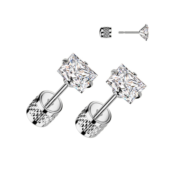 Pair of 316L Surgical Steel Push In Backing White CZ Square Gem Stud Earrings - Pierced Universe