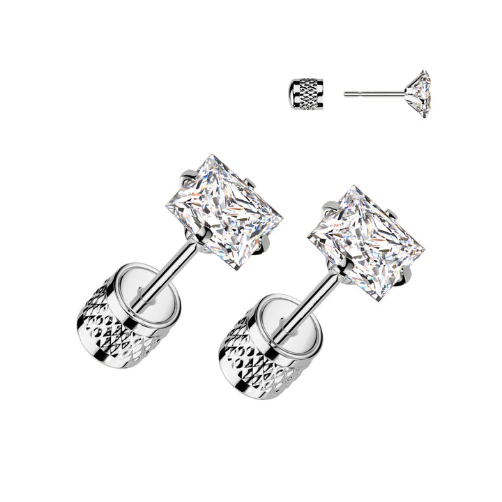 Pair of 316L Surgical Steel Push In Backing White CZ Square Gem Stud Earrings - Pierced Universe