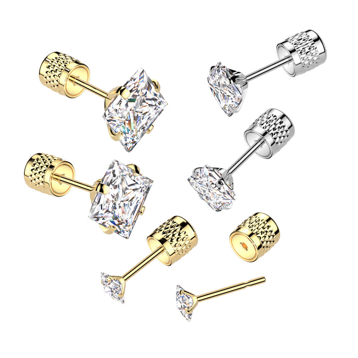 Pair of 316L Surgical Steel Gold PVD Push In Backing White CZ Square Gem Stud Earrings - Pierced Universe