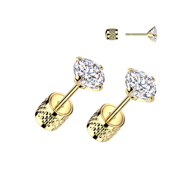 Pair of 316L Surgical Steel Gold PVD Push In Backing White CZ Stud Earrings - Pierced Universe