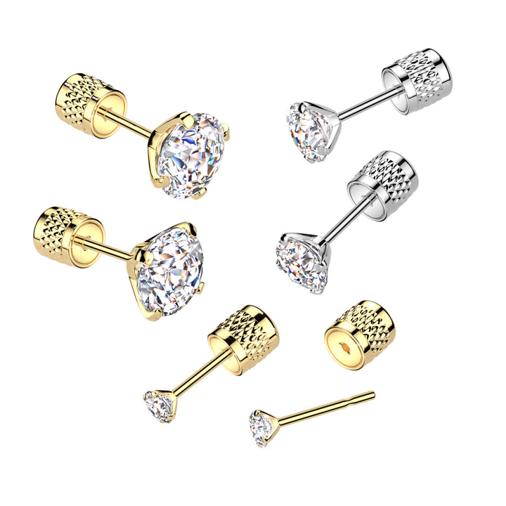 Pair of 316L Surgical Steel Gold PVD Push In Backing White CZ Stud Earrings - Pierced Universe