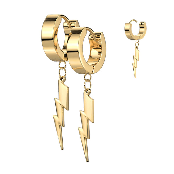 Pair of 316L Surgical Steel Gold PVD Lightning Bolt Dangle Hoop Earrings - Pierced Universe