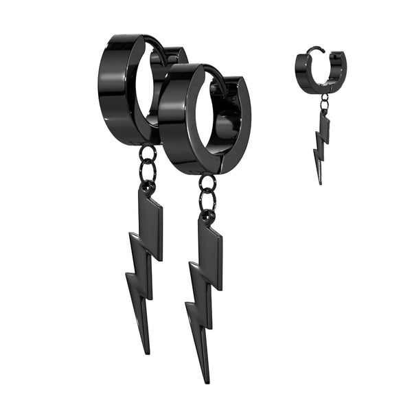 Pair of 316L Surgical Steel Black PVD Lightning Bolt Dangle Hoop Earrings - Pierced Universe