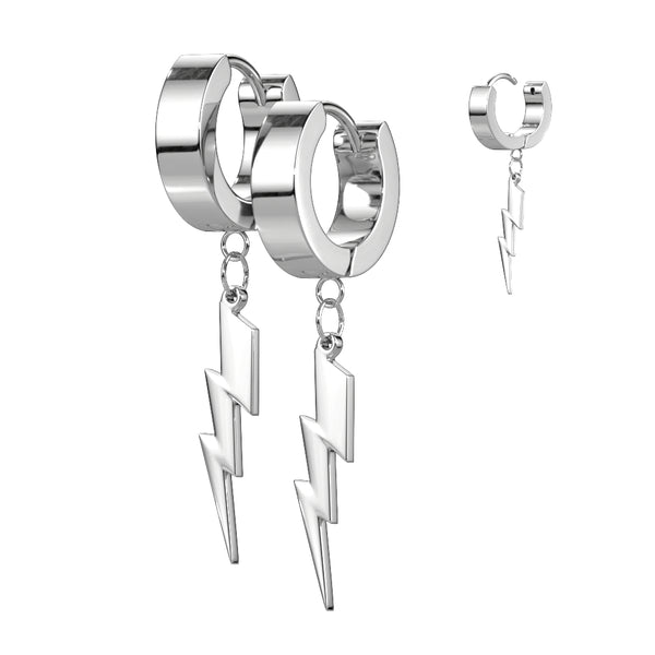 Pair of 316L Surgical Steel Lightning Bolt Dangle Hoop Earrings - Pierced Universe