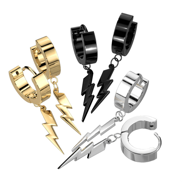 Pair of 316L Surgical Steel Black PVD Lightning Bolt Dangle Hoop Earrings - Pierced Universe