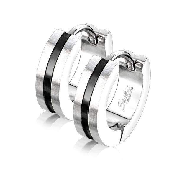 Pair of 316L Surgical Steel Black PVD Thin Stripe Centre Hoop Earrings - Pierced Universe