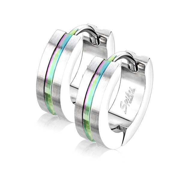 Pair of 316L Surgical Steel Rainbow PVD Thin Stripe Centre Hoop Earrings - Pierced Universe