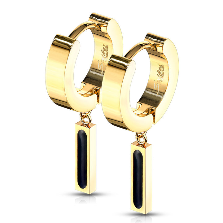 Pair of 316L Surgical Steel Gold PVD Black Rectangle Dangle Hoop Earrings - Pierced Universe
