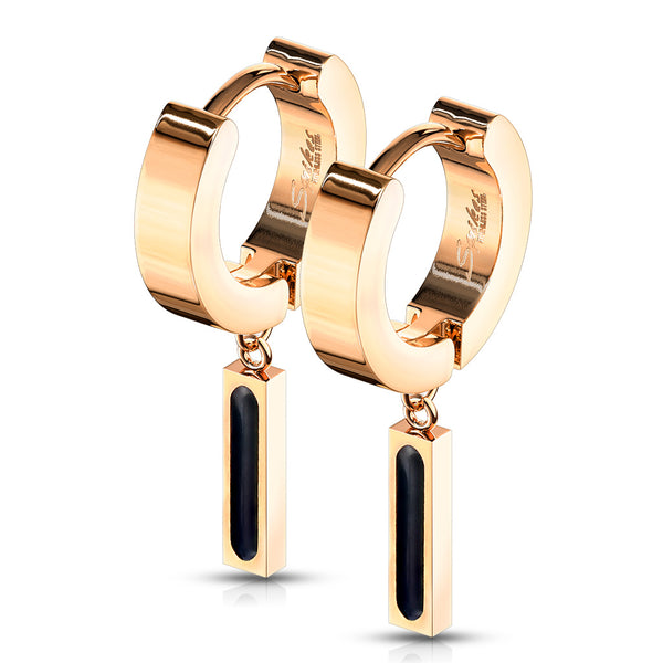 Pair of 316L Surgical Steel Rose Gold PVD Black Rectangle Dangle Hoop Earrings - Pierced Universe