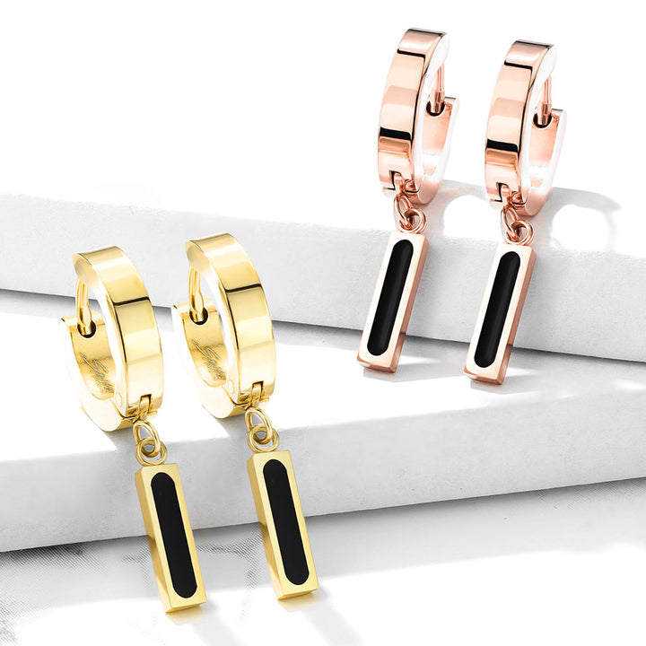Pair of 316L Surgical Steel Gold PVD Black Rectangle Dangle Hoop Earrings - Pierced Universe