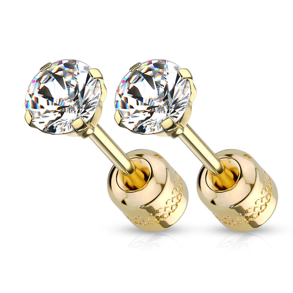 Pair of Screw Back 316L Surgical Steel Gold PVD White CZ Stud Earrings