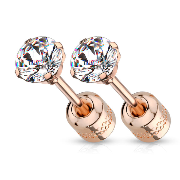 Pair of Screw Back 316L Surgical Steel Rose Gold PVD White CZ Stud Earrings - Pierced Universe
