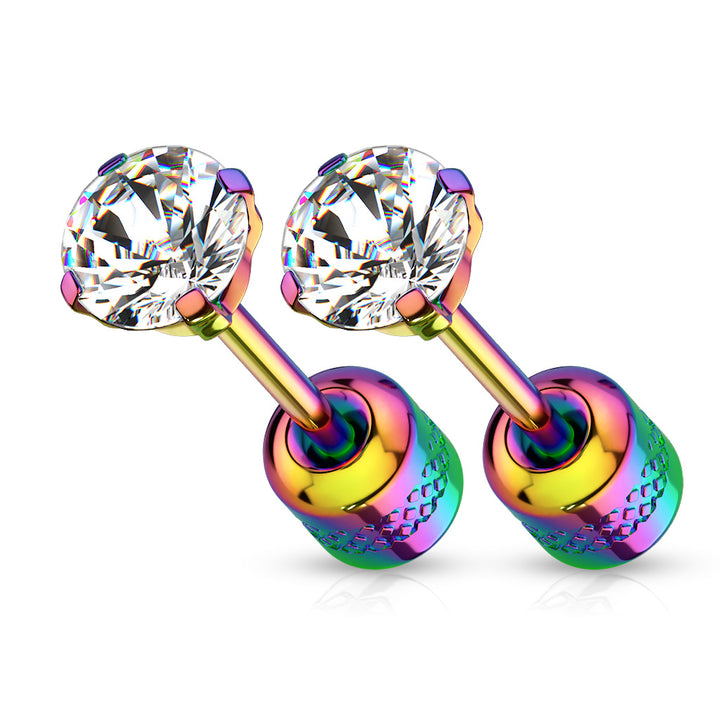 Pair of Screw Back 316L Surgical Steel Rainbow PVD White CZ Stud Earrings - Pierced Universe