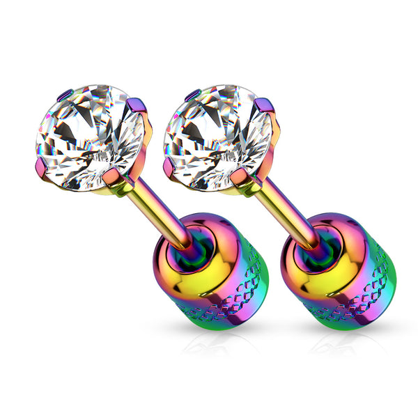 Pair of Screw Back 316L Surgical Steel Rainbow PVD White CZ Stud Earrings - Pierced Universe