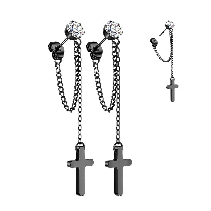 Pair of 316L Surgical Steel Black PVD White CZ Cross Chain Dangle Earring Studs - Pierced Universe