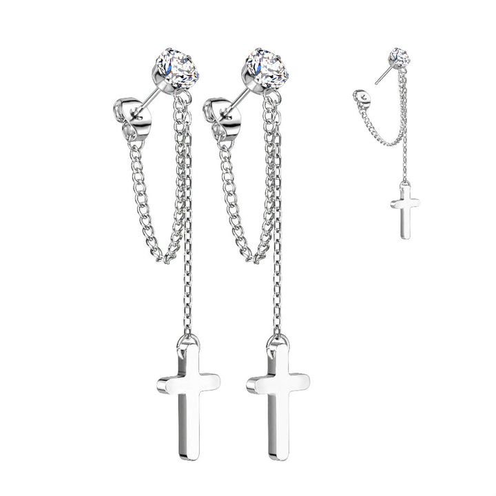 Pair of 316L Surgical Steel White CZ Cross Chain Dangle Earring Studs - Pierced Universe