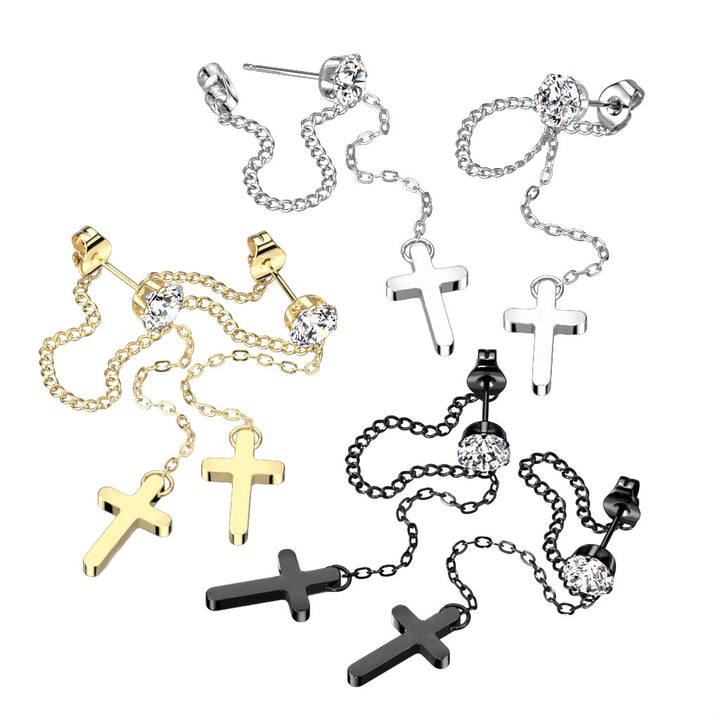 Pair of 316L Surgical Steel Black PVD White CZ Cross Chain Dangle Earring Studs - Pierced Universe