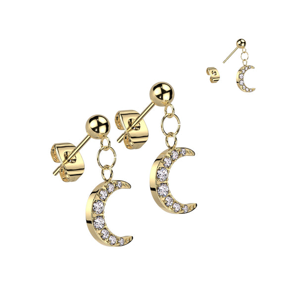 Pair of 316L Surgical Steel Gold PVD Ball Large White CZ Crescent Moon Dangle Stud Earrings - Pierced Universe