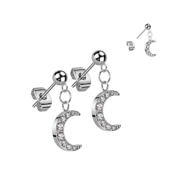 Pair of 316L Surgical Steel Ball Large White CZ Crescent Moon Dangle Stud Earrings - Pierced Universe