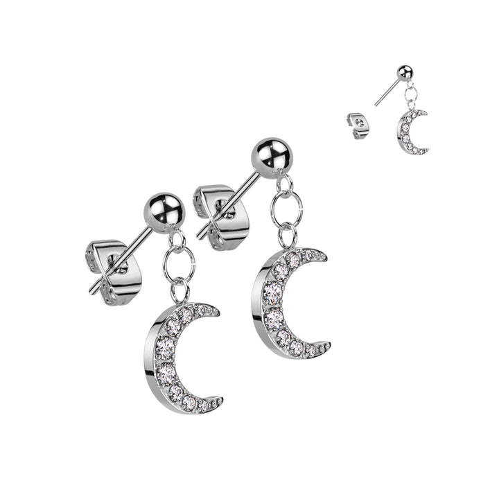 Pair of 316L Surgical Steel Ball Large White CZ Crescent Moon Dangle Stud Earrings - Pierced Universe