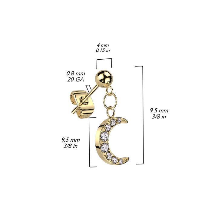 Pair of 316L Surgical Steel Rose Gold PVD Ball Large White CZ Crescent Moon Dangle Stud Earrings - Pierced Universe