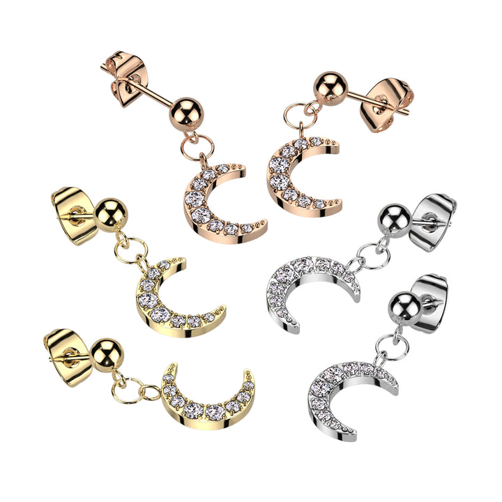 Pair of 316L Surgical Steel Rose Gold PVD Ball Large White CZ Crescent Moon Dangle Stud Earrings - Pierced Universe