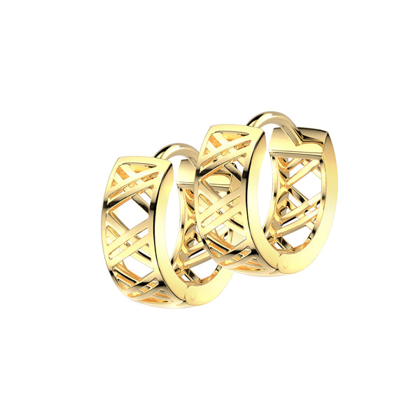 Pair of 316L Surgical Steel Gold PVD Cut Out Criss Cross Patterned Hinged Hoop Earrings - Pierced Universe