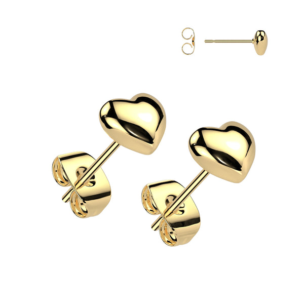 Pair of 316L Surgical Steel Gold PVD Heart Stud Earrings - Pierced Universe