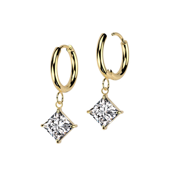 Pair of 316L Surgical Steel Gold PVD White CZ Square Gem Dangle Hoop Earrings - Pierced Universe