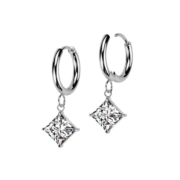 Pair of 316L Surgical Steel White CZ Square Gem Dangle Hoop Earrings - Pierced Universe