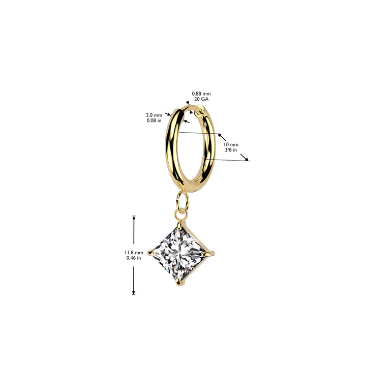 Pair of 316L Surgical Steel Gold PVD White CZ Square Gem Dangle Hoop Earrings - Pierced Universe