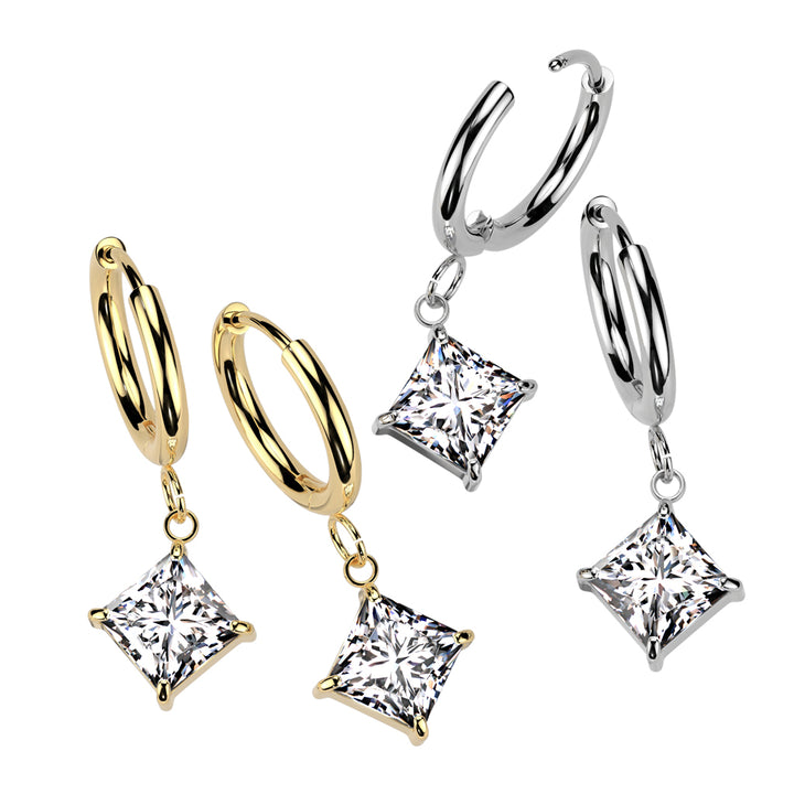 Pair of 316L Surgical Steel Gold PVD White CZ Square Gem Dangle Hoop Earrings - Pierced Universe